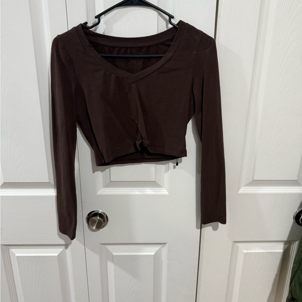 SHEIN Brown Tie Front Crop Blouse